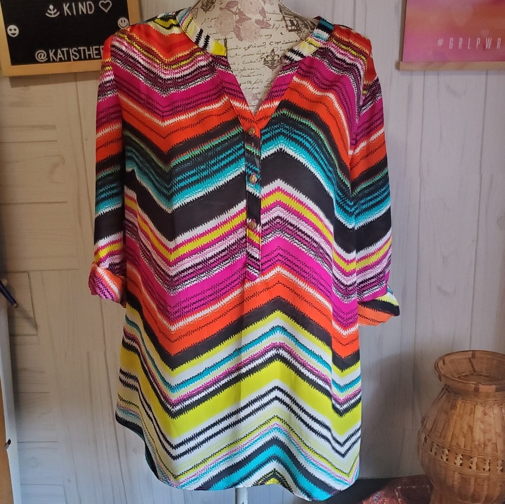 Glance MULTI COLOE BOHO AZTEC V NECK BLOUSE LG